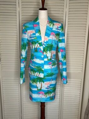 OppoSuits Turquoise Blue Flamingo Palm Print Blazer & Skirt Set | 10